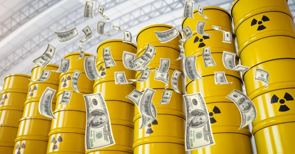 Image of yellow radioactive barrels with money falling down